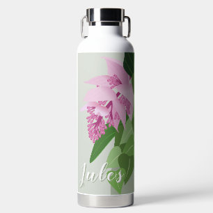 Tropical Medinilla Pink Flower on Green Name Water Bottle