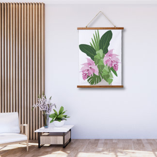 Tropical Medinilla Pink Flower on White Hanging Tapestry