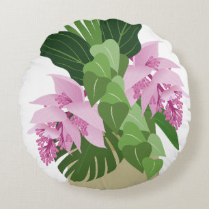 Tropical Medinilla Pink Flower on White Round Cushion