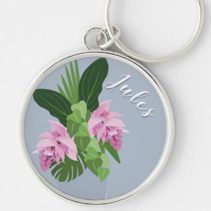 Tropical Medinilla Pink Flower Vase on Blue Name Key Ring