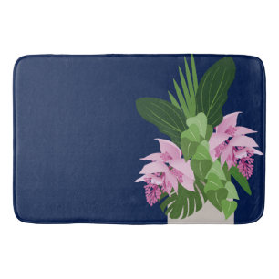 Tropical Medinilla Pink Flower Vase on Dark Blue Bath Mat