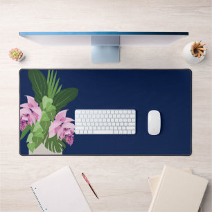 Tropical Medinilla Pink Flower Vase on Dark Blue Desk Mat