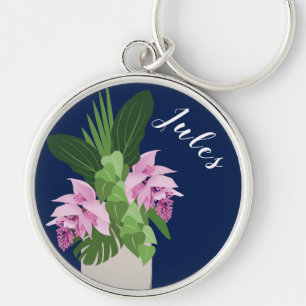 Tropical Medinilla Pink Flower Vase on Dark Blue Key Ring