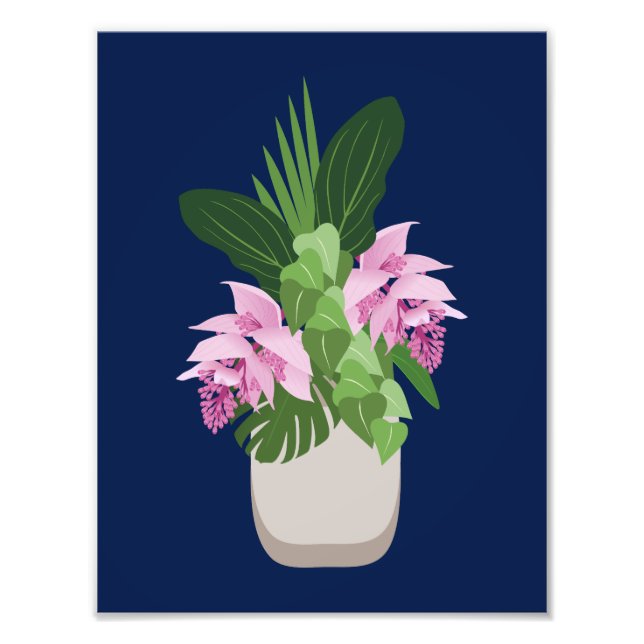 Tropical Medinilla Pink Flower Vase on Dark Blue Photo Print (Front)