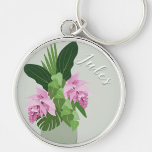 Tropical Medinilla Pink Flower Vase on Green Name Key Ring