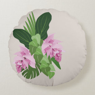 Tropical Medinilla Pink Flower Yellow Vase Beige Round Cushion