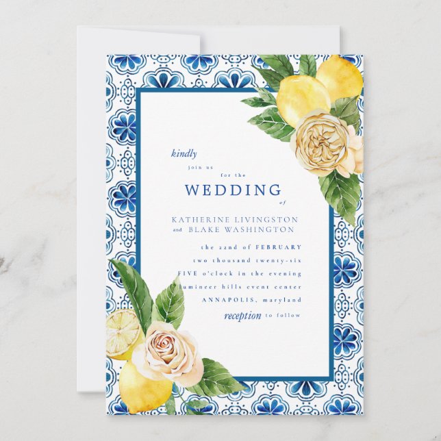 Tropical Mediterranean Blue & Lemons Wedding Matte Invitation (Front)