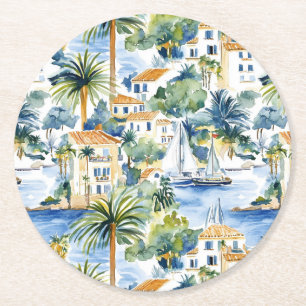 Tropical Mediterranean Wedding Round Paper Coaster
