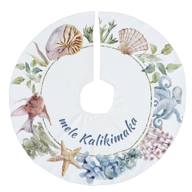 Tropical mele Kalikimaka Coastal Theme Christmas Faux Linen Tree Skirt (Front)