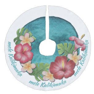 Tropical mele Kalikimaka Teal White Christmas Faux Linen Tree Skirt