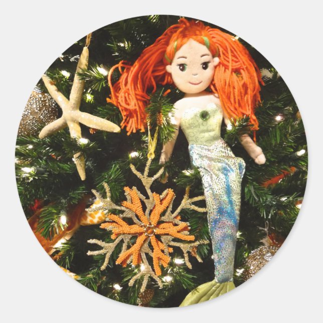 Tropical Mermaid Under the Sea Christmas Holiday Classic Round Sticker (Front)