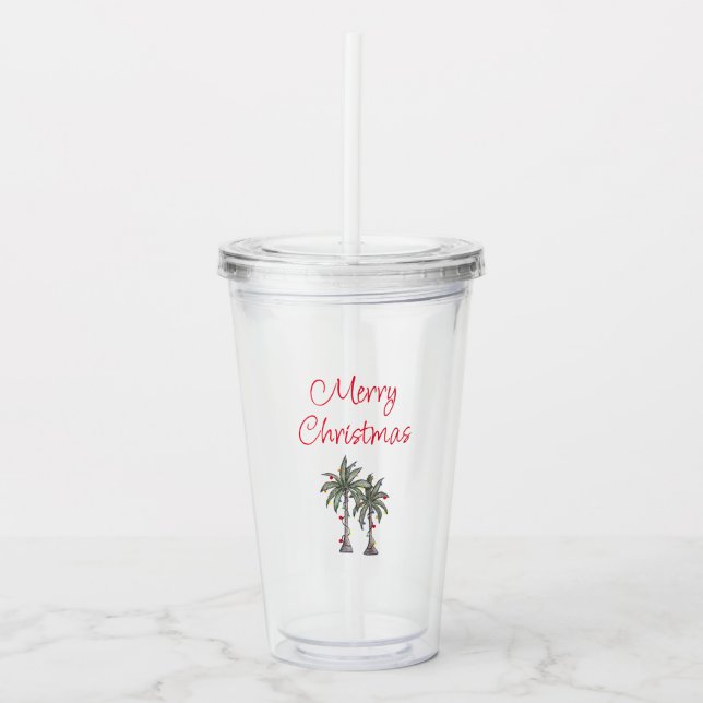 Tropical Merry Christmas Beach Palm Trees  Acrylic Tumbler (Front)