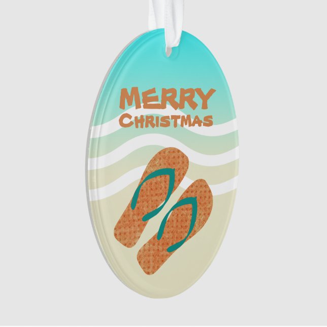 Tropical Merry Christmas Beach Waves Flip Flops Ornament (Front)