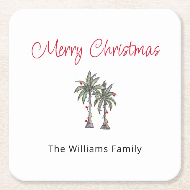 Tropical Merry Christmas Palm Trees Beach  Square Paper Coaster (Front)