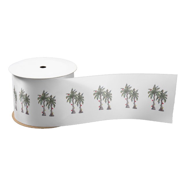 Tropical Merry Christmas Palm Trees Pattern Satin Ribbon (Spool)