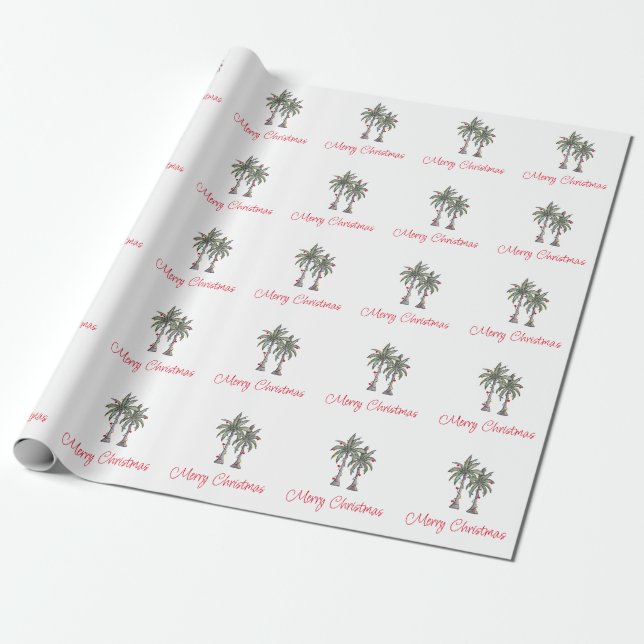 Tropical Merry Christmas Palm Trees Pattern Wrapping Paper (Unrolled)