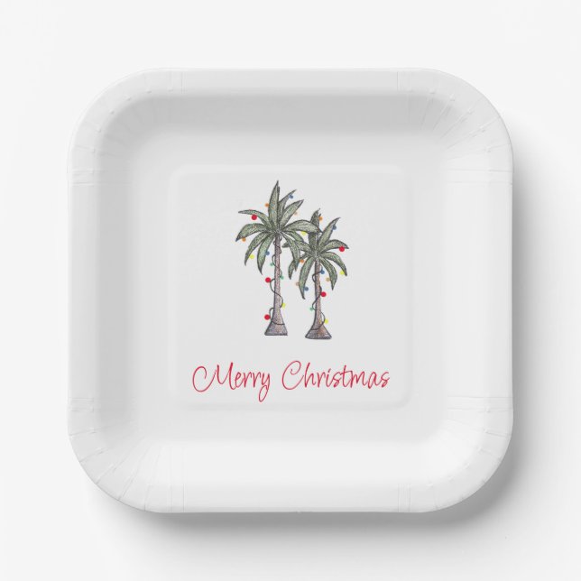 Tropical Merry Christmas Party Palm Trees  Paper Plate (Front)