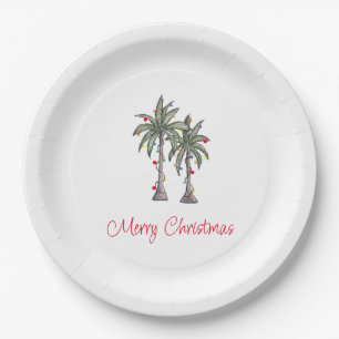 Tropical Merry Christmas Party Palm Trees Paper Plate