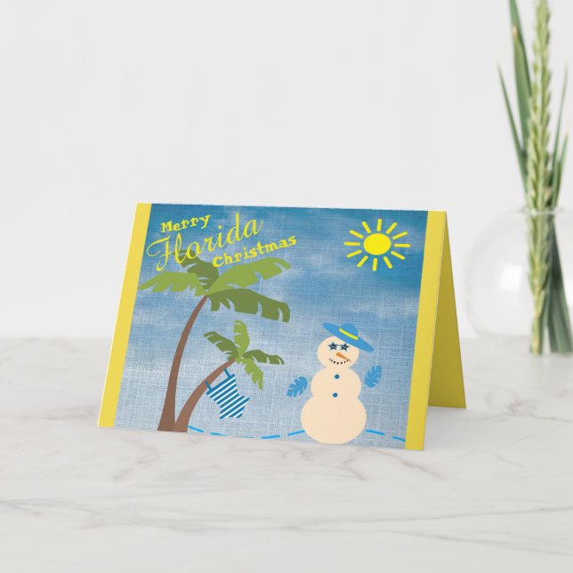 Tropical Merry Florida Christmas Snowman on Beach Holiday Card (Front)
