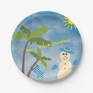 Tropical Merry Florida Christmas Snowman on Beach Paper Plate