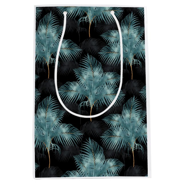 Tropical Metallic Blue & Gold Palm Leaves Summer Medium Gift Bag (Front)