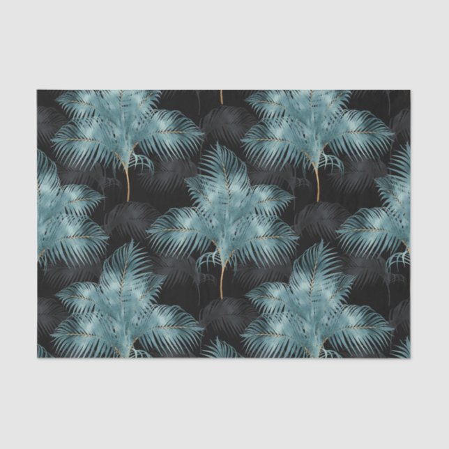 Tropical Metallic Blue & Gold Palm Leaves Summer Tissue Paper (Front)