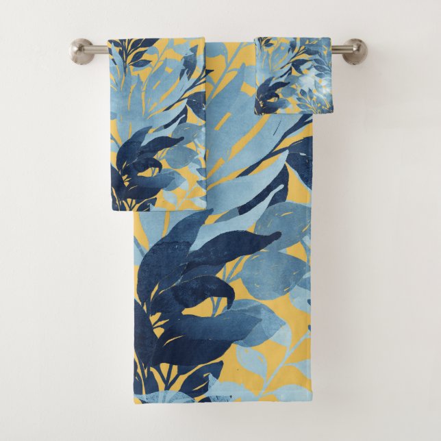Tropical Metallic Blue Yellow Foliage Design Bath Towel Set (Insitu)