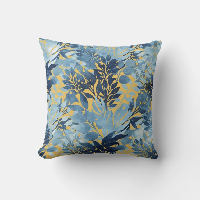 Tropical Metallic Blue Yellow Foliage Design Cushion (Front)