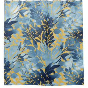 Tropical Metallic Blue Yellow Foliage Design Shower Curtain