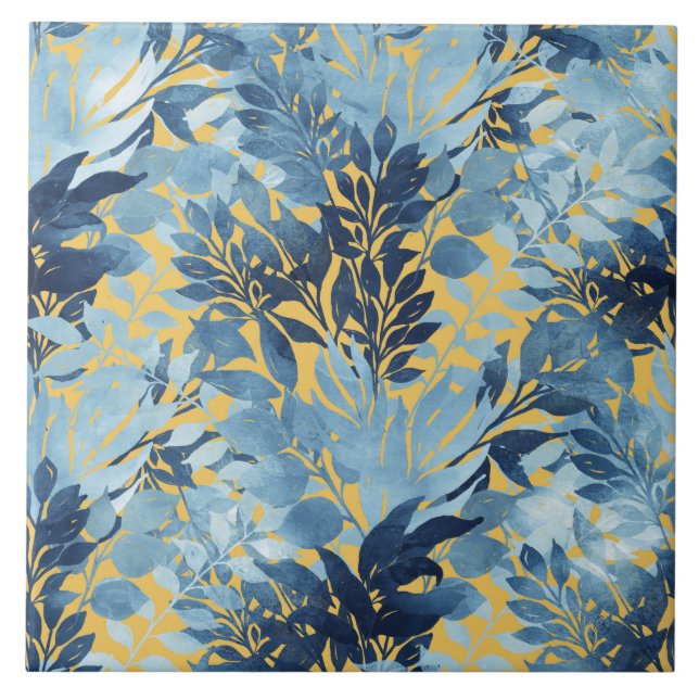Tropical Metallic Blue Yellow Foliage Design Tile (Front)