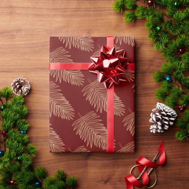 Tropical Metallic Gold Palm Leaves, Burgundy Wrapping Paper (Holiday Gift)
