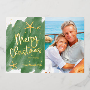 Tropical Minimalist Green & Gold Watercolor  Foil Holiday Card