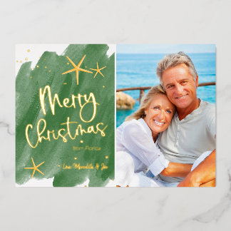 Tropical Minimalist Green & Gold Watercolor Foil Holiday Card