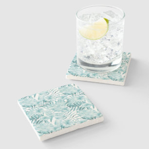 Tropical Mint Aqua Flowers Stone Coaster