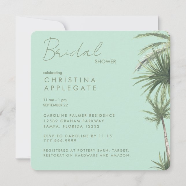 Tropical Mint Bridal Square Rounded Shower  Invitation (Front)