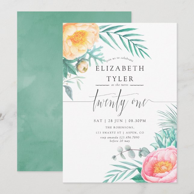 Tropical Mint Floral 21st Birthday Party Invite (Front/Back)