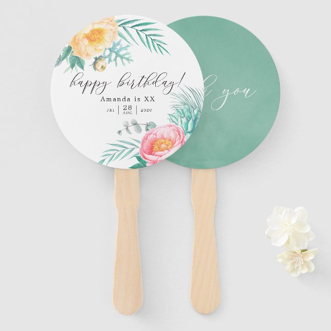 Tropical Mint Floral Birthday Party Hand Fan (Front and Back)