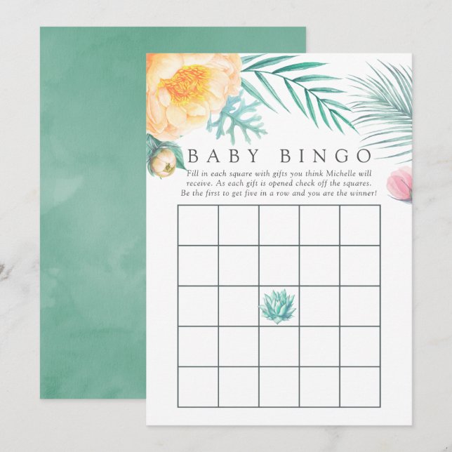 Tropical Mint Floral Summer Baby Shower Bingo Invitation (Front/Back)