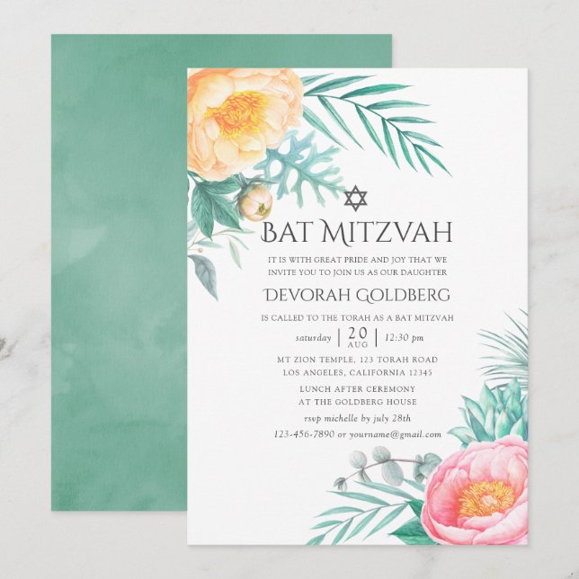 Tropical Mint Floral Summer Bat Mitzvah Invitation (Front/Back)