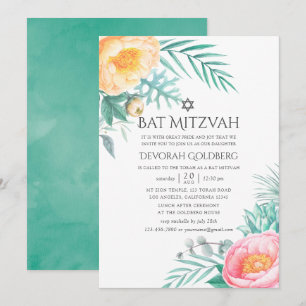 Tropical Mint Floral Summer Bat Mitzvah Invitation