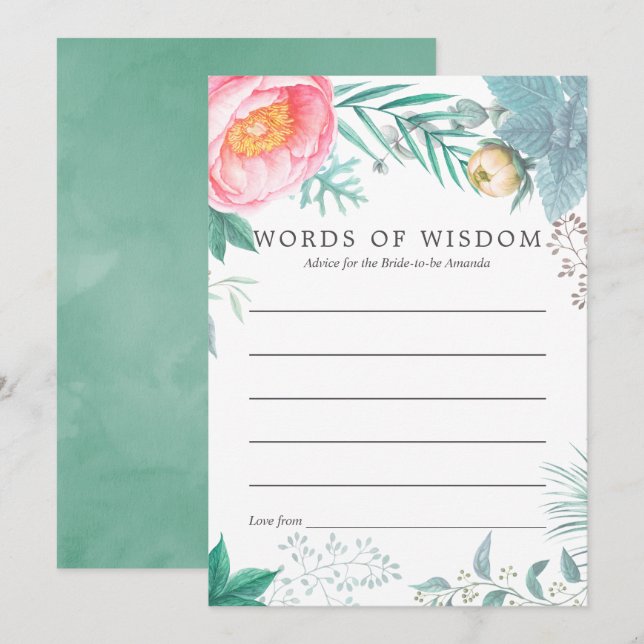 Tropical Mint Floral Summer Bridal Shower Advice Invitation (Front/Back)