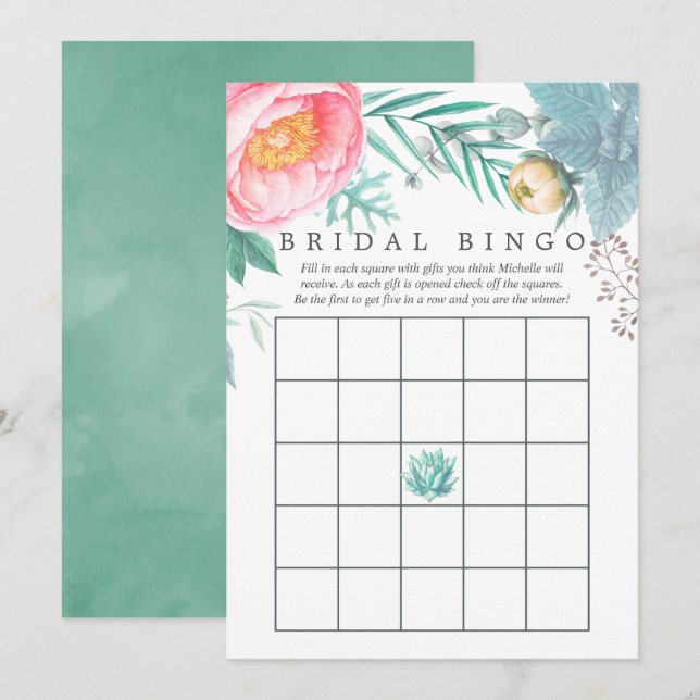 Tropical Mint Floral Summer Bridal Shower Bingo Invitation (Front/Back)