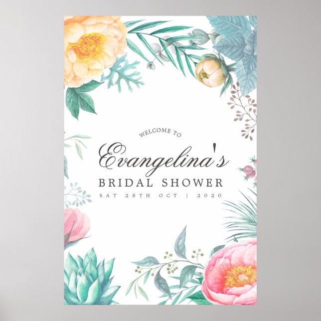 Tropical Mint Floral Summer Bridal Shower Welcome Poster (Front)