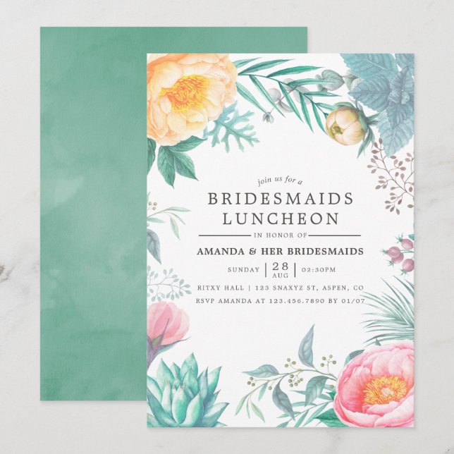 Tropical Mint Floral Summer Bridesmaids Luncheon Invitation (Front/Back)
