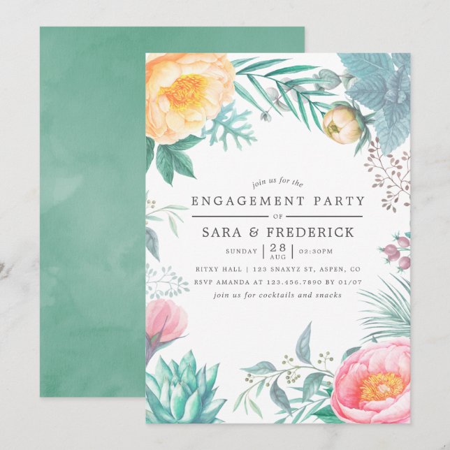 Tropical Mint Floral Summer Engagement Party Invitation (Front/Back)