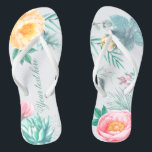 Tropical Mint Floral Summer Wedding Favour Flip Flops<br><div class="desc">Mint,  pink and yellow exotic summertime wedding favours featuring peonies,  eucalyptus,  rosehips,  succulent,  lisianthus,  menthol leaves and succulents.</div>