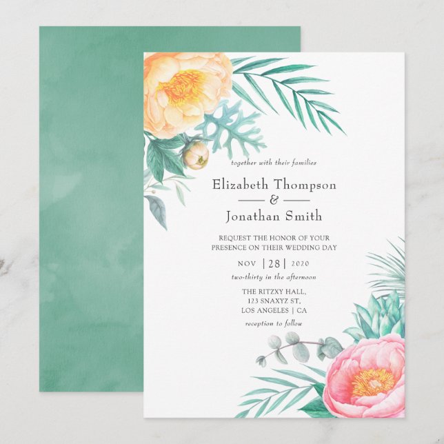 Tropical Mint Floral Summer Wedding Invitation (Front/Back)
