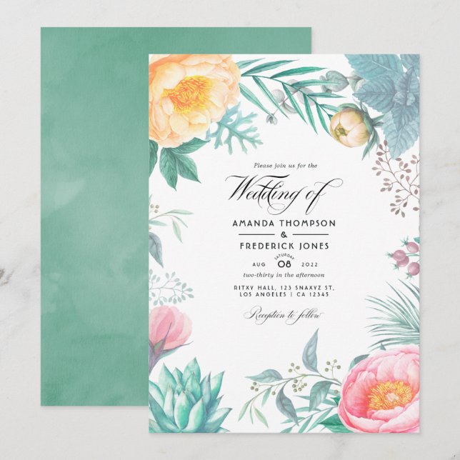 Tropical Mint Floral Summer Wedding Invitation (Front/Back)