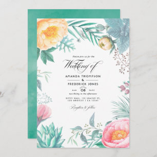 Tropical Mint Floral Summer Wedding Invitation