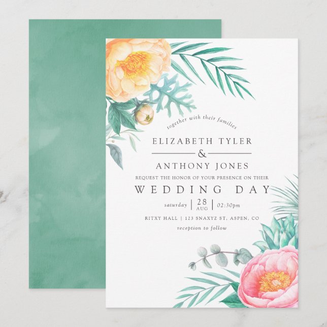 Tropical Mint Floral Summer Wedding Invitation (Front/Back)